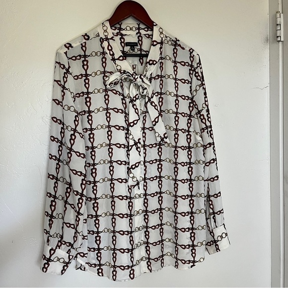 Talbots Tops - Talbots White Chain Printed Front Bow Button Up Blouse